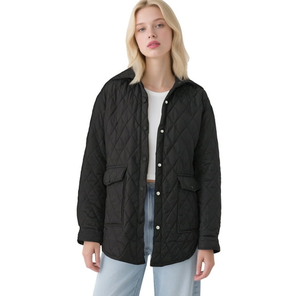 Quilted Jackets for Women Casual Lightweight Jacket Padded Fashion Winter Outerwear with Pockets Black M