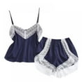 thumbnail image 1 of Women's Lace Trim Satin Sleepwear Cami Top and Shorts Pajama Sets, Navy blue, 1 of 5