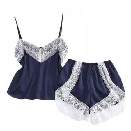 

Women s Silk Satin Sleepwear Set V Neck Sling Simulation Silk Lace Short Pants Pajamas M-XL Navy