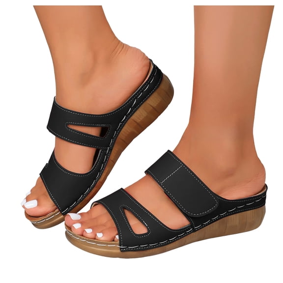 Rokment Women's Orthopedic Sandals 2026 Dressy Arch Support Platform Wedges Dressy Slip on Comfortable Casual Summer Beach Slides Black Size 6