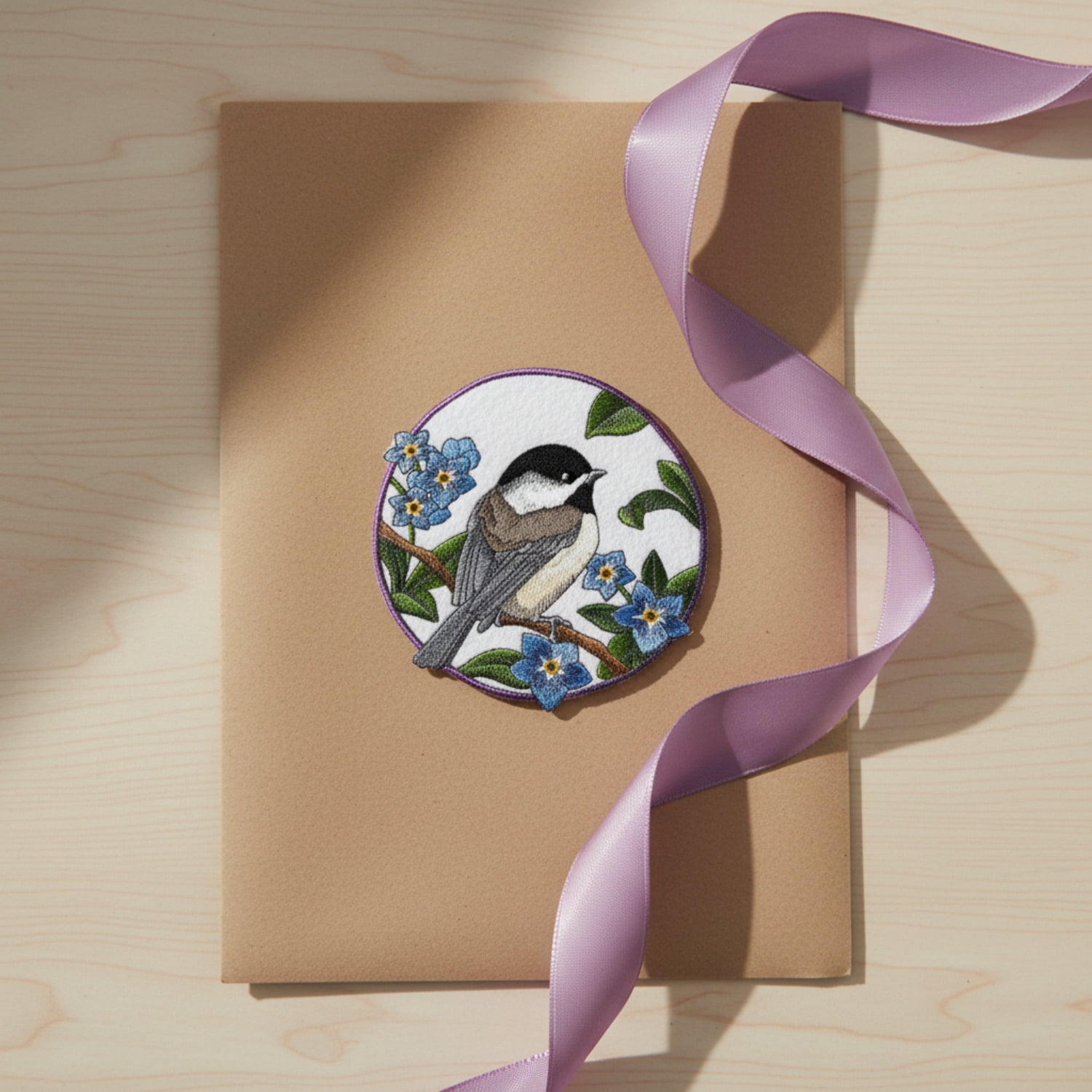 Chickadee  Forget-Me-Not Circle Embroidered Patch (5.85" x 6") – Delicate Nature Iron-On or Sew-On Design, USA Made