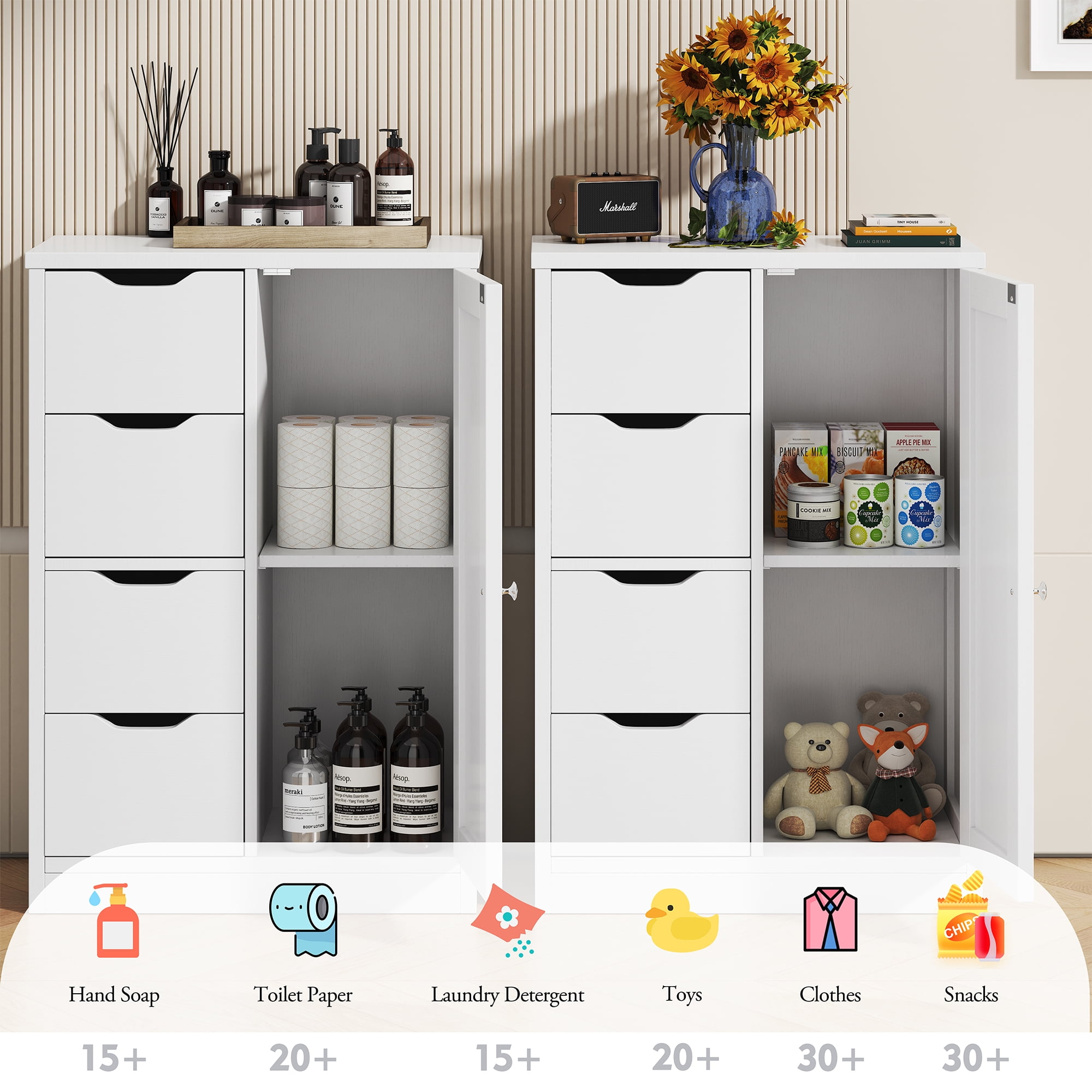 Walsunny Bathroom Floor Cabinet Storage Organizer Freestanding Wooden Cupboard with Door Drawers Adjustable Shelf for Small Spaces Laundry Room Kitchen Living Room Bedroom Home Office,White