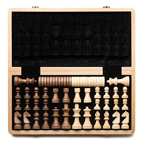 15" Folding Wooden Chess & Checkers Set w/ 3" King Height Chess Pieces 2 in 1 