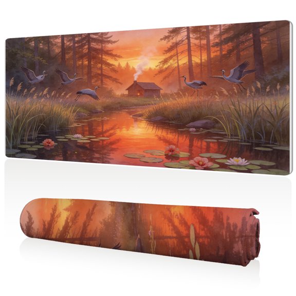 LIVEKEY Extra Large Mouse Pad 80x40x0.3cm Serene Lakeside Cabin with Water Lilies and Flying Birds Design Full Desk Coverage Non Slip Durable Easy Clean Stitched Edges for Gaming and Office