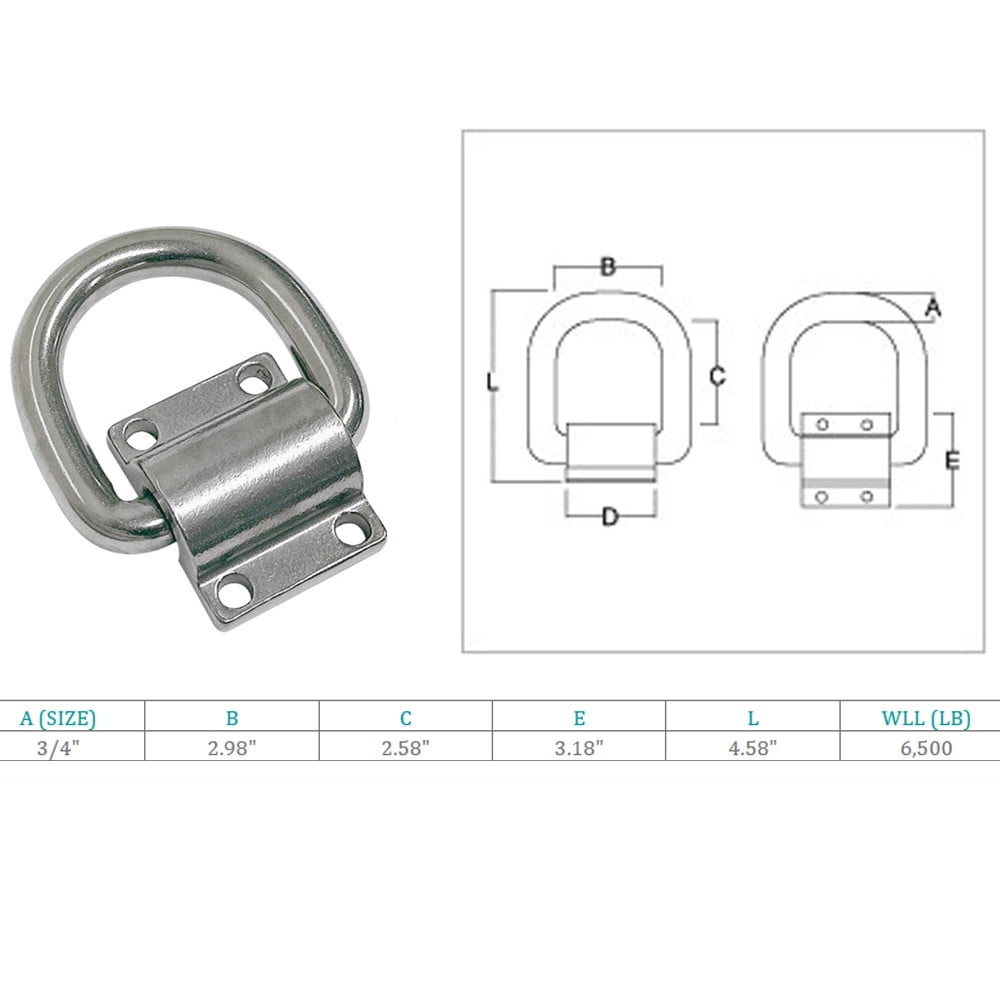 Marine Stainless Steel 3/4" Bolt-On Lashing Ring D-Ring Anchor Tie Down 4 Pcs
