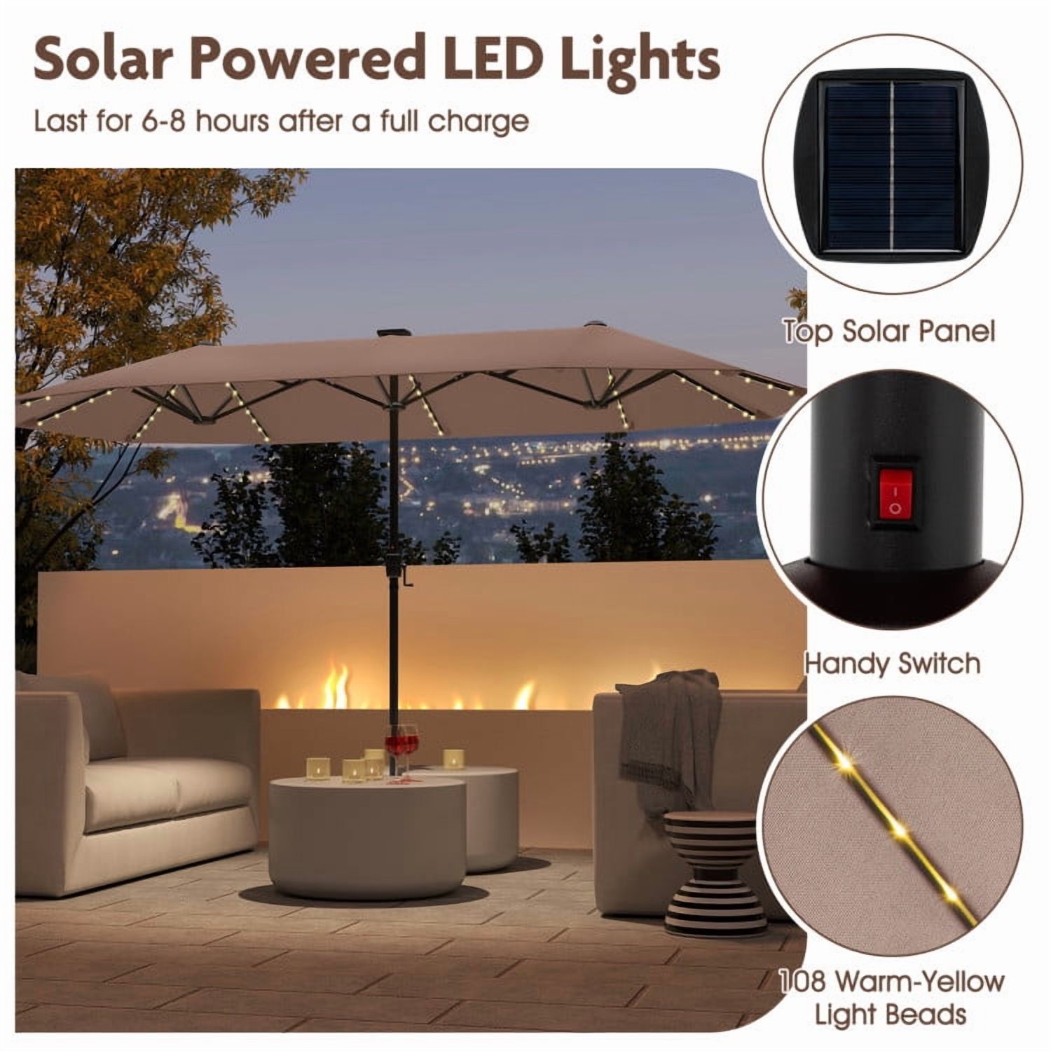 GVN Outdoor Patio Umbrella,Patio Umbrella,13 FT Large Patio Umbrella with LED Solar Lights and Crank Handle-Coffee