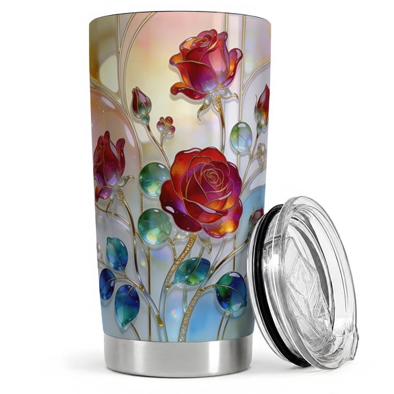 Stained Glass Rose 20oz Tumbler, Floral Rose Tumbler, Daily Drinkware, Red Bloom with Gold Vine Lines, Botanical Art Cup, Garden Home Decor Fans, Women, Adults, and Flower Lovers