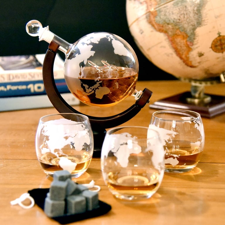 Whiskey Decanter Set With Globe Glasses - 30oz Decanter, 4 Glasses, Gift Box For Scotch & Liquor