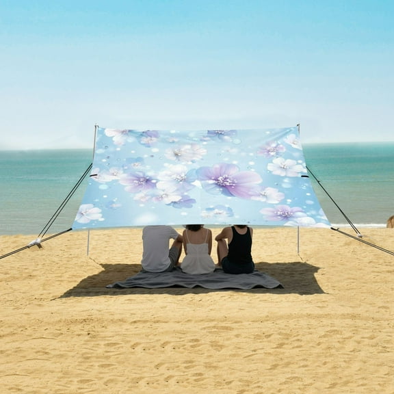 Beach Tent Beach Canopy 9.2x10.5Ft Beach Tent Sun Shelter Outdoor Canopy with Carry Bag for Camping, Backyard and Picnics Blue Background White Flowers