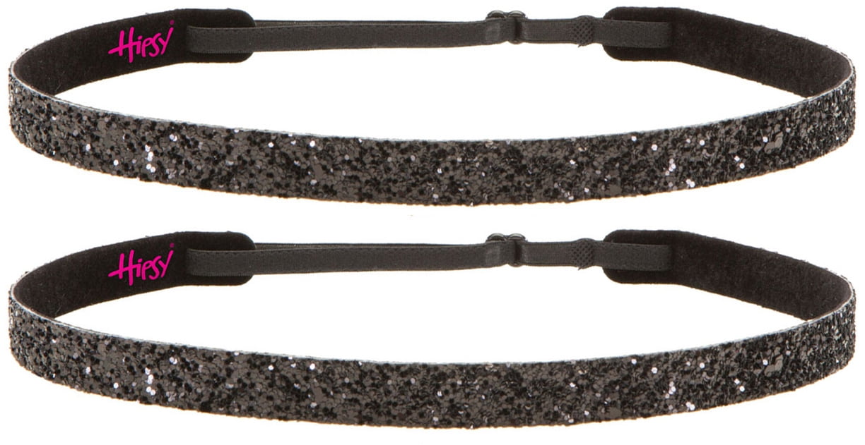 Hipsy Women's Adjustable No Slip Skinny Black Bling Glitter Team Sports Headband 2-Pack