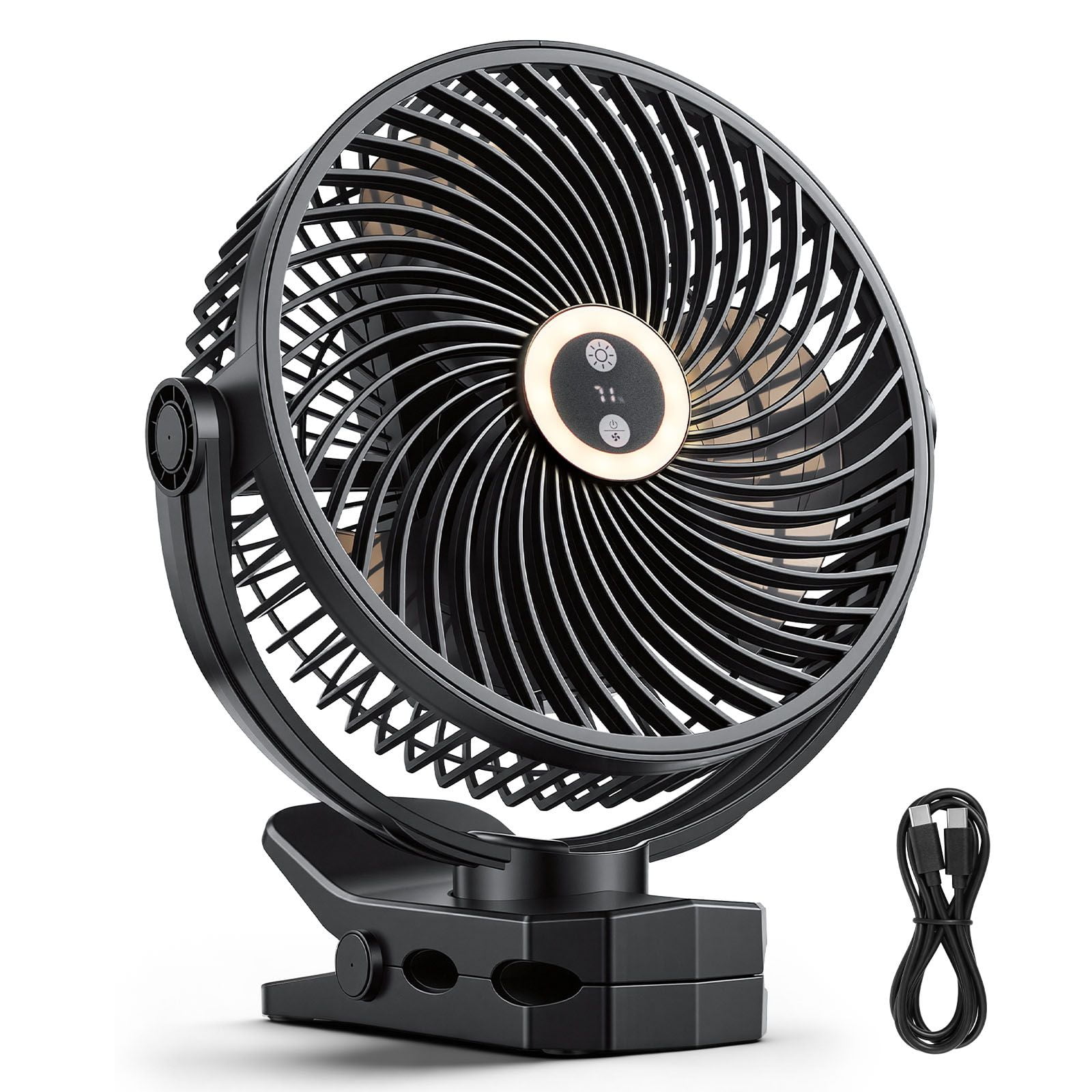 Rechargeable Clip On Fan with Light, convenient USB Fan 3 Speeds Circulation Mode, Strong Airflow Sturdy Clamp for Desk Outdoor Camping