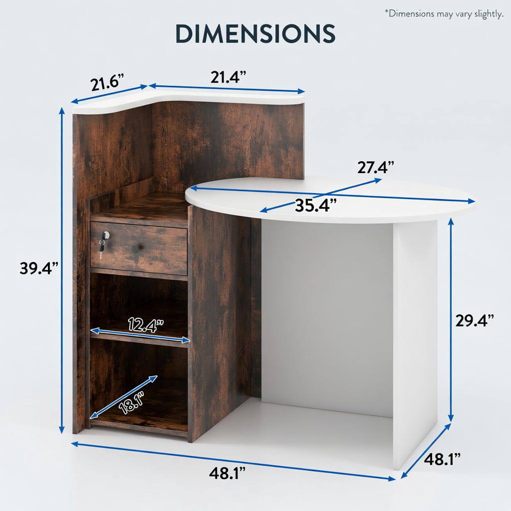 Demi Bonn Front Reception Office Desk with Open Shelf and Lockable Drawer, Small Home Computer Desk Study Writing Table, White + Brown