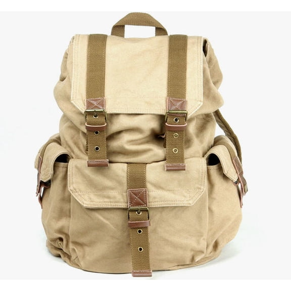 Virginland Medium Canvas Backpack with Leather Straps - Khaki Tan