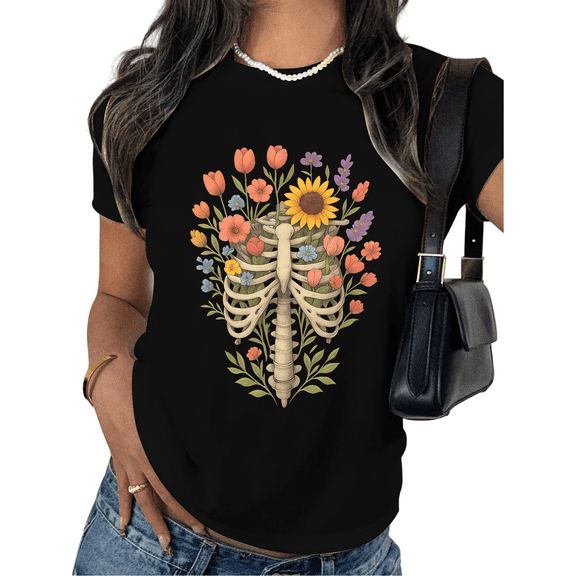 Women's Skeleton Floral Graphic Breathable T Shirt Casual Comfortable Short Sleeve Round Neck Top Black S-5XL