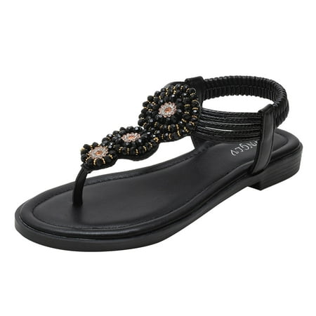 

nsendm Womens Sandals Womens Wedges Sandals Elastic Ankle Strap Casual Beach Shoes Slingback Toe Post Bohemian Beaded Sandals Black 40