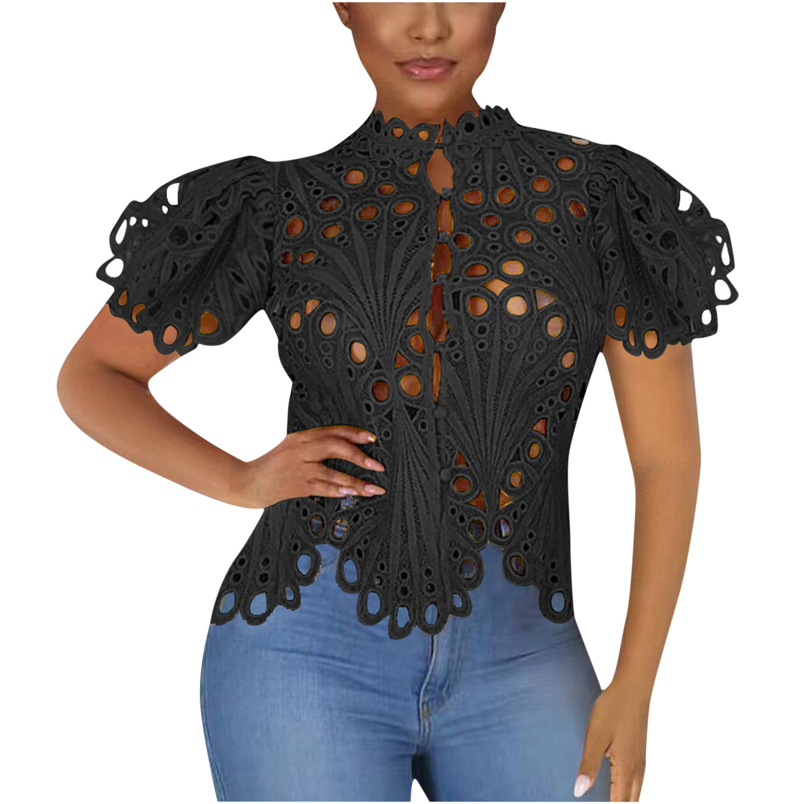 Yyeselk Crochet Eyelet Womens Summer Tops Casual VNeck Short Sleeves