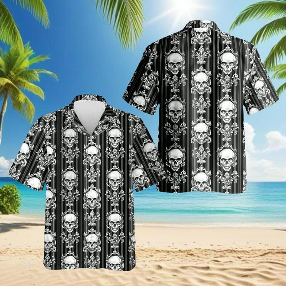 B&W Skull Pattern Hawaiian Shirt for Men, Button Down Summer Beach Short Sleeve, Horror Style, S-5XL