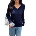 thumbnail image 2 of Women Long Sleeve Cable Knit Sweater Fashion V Neck Fitted Pullover Top Business Casual Fall Outfits Navy Blue XL, 2 of 7