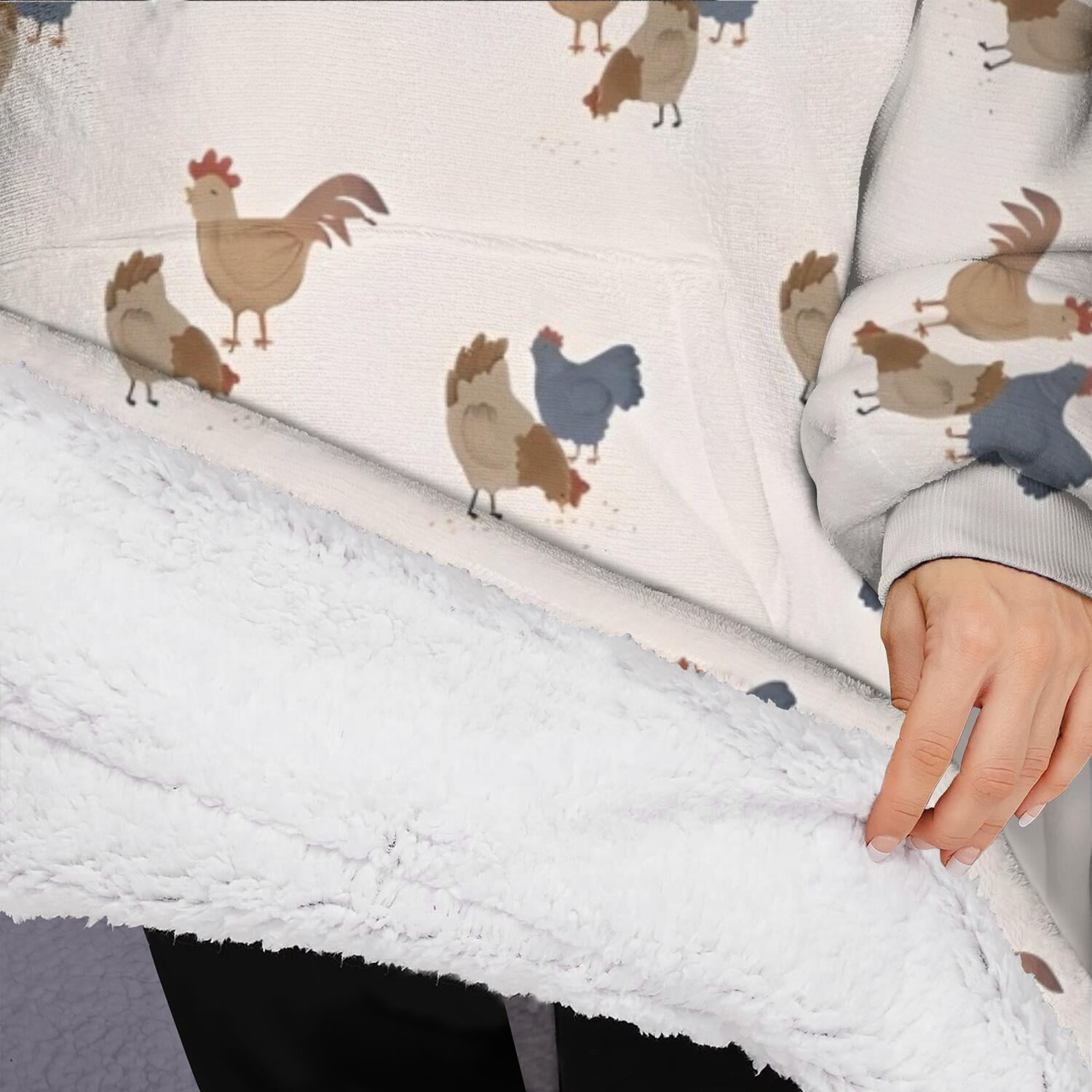 Oversized Wearable Blanket Hoodie,Beige Chicken Group Pattern Sherpa Blanket Hoodie with Super Pockets,Super Warm Fuzzy Pullover for Women & Men