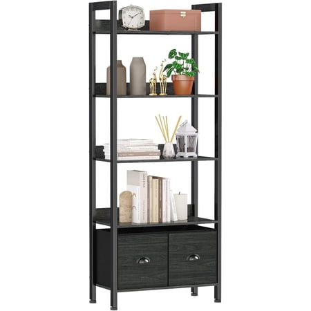 5-Tier Bookshelf Tall Bookcase with 2 Storage Drawers Industrial Display Standing Shelf Units Wood and Metal Storage Shelf for Living Room Bedroom Home Office