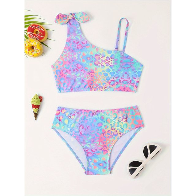 2pcs Trendy Girls Leopard Print Swimsuit Set Top + Briefs Set For Summer Beach Vacation Gift