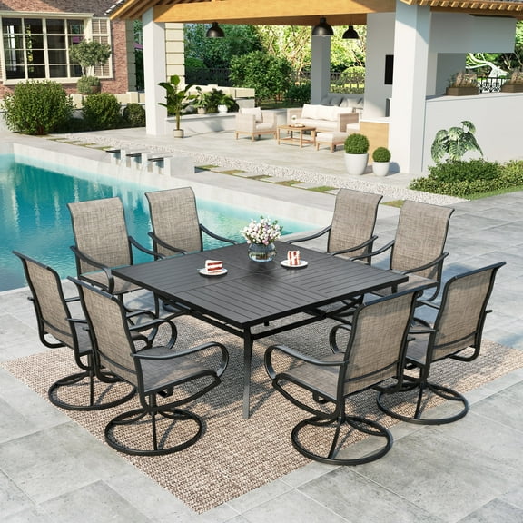 MF Studio 9-Piece Outdoor Patio Dining Set with Swivel Dining Chair and Square Table for 8 Person, Black & Brown Gray