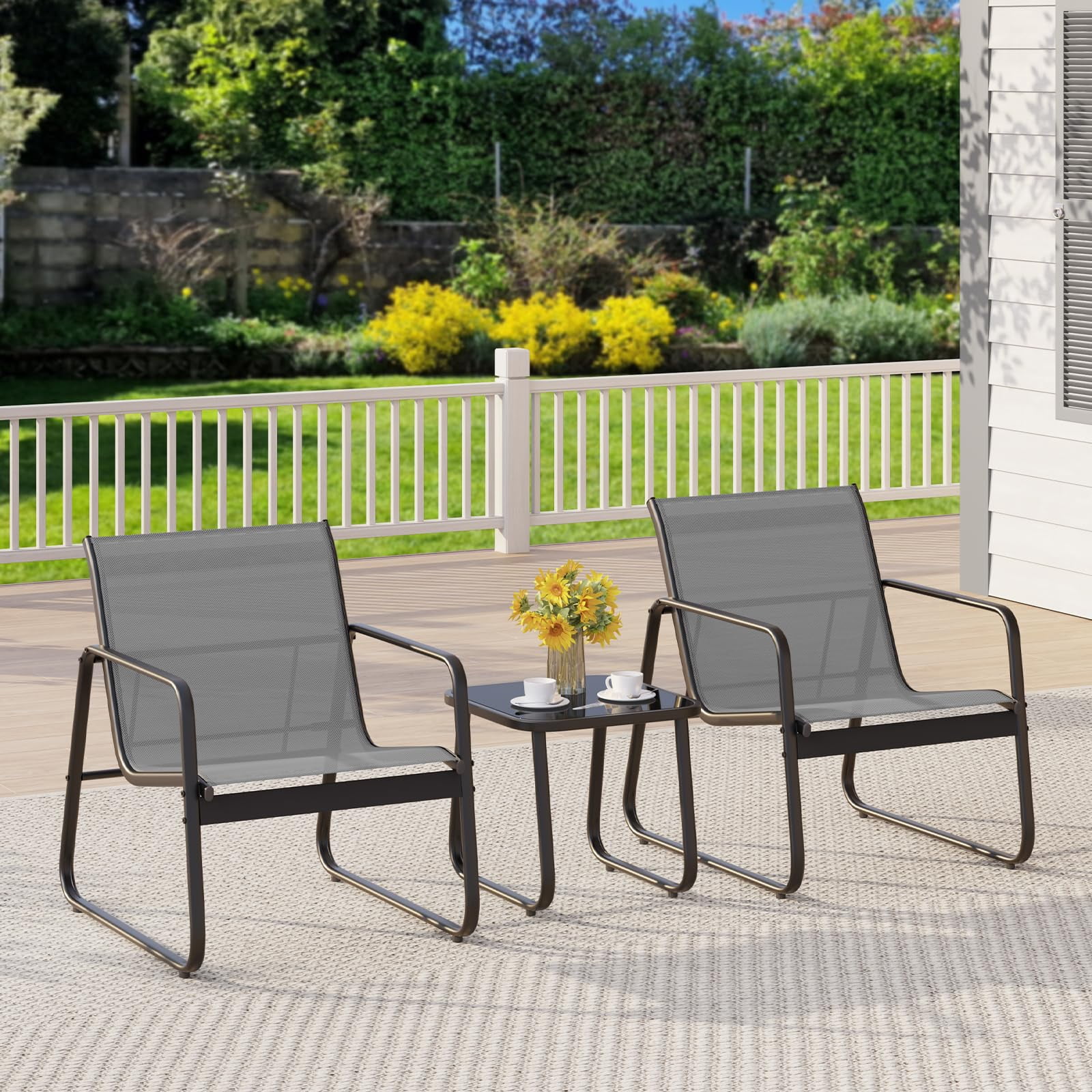 Patio Furniture Set, Aiho Outdoor Bistro Set with Glass Top Table, Textilene Patio Chairs Set for Poolside, Lawn, Gray