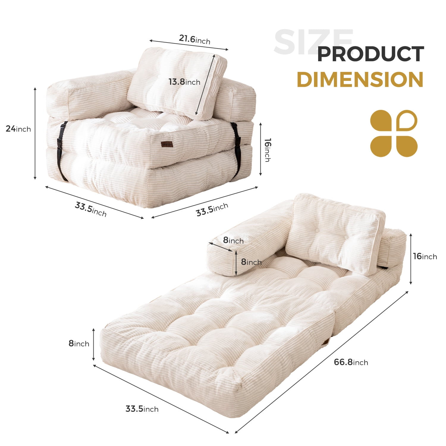 BYBYME Folding Sofa Bed, 8 Inch L Shape Convertible Floor Couch