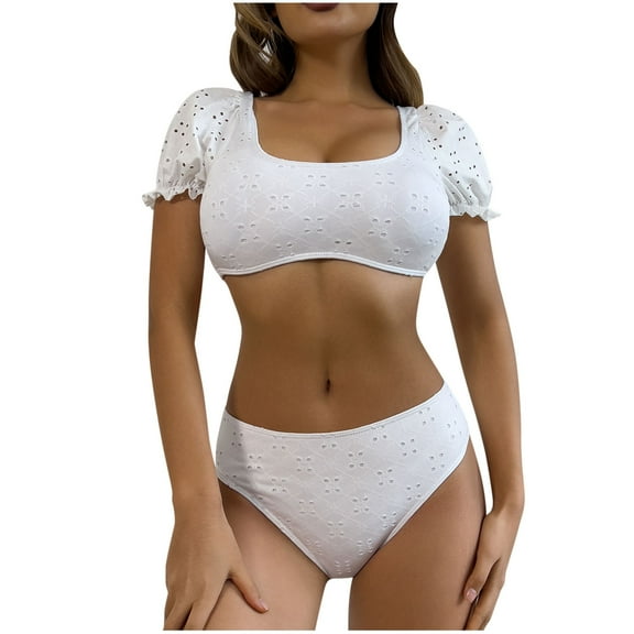 Besolor Women's High Waisted Bikinis Sets Two Piece Square Neck Ruffle Short Sleeve Swimwear Bathing Suit