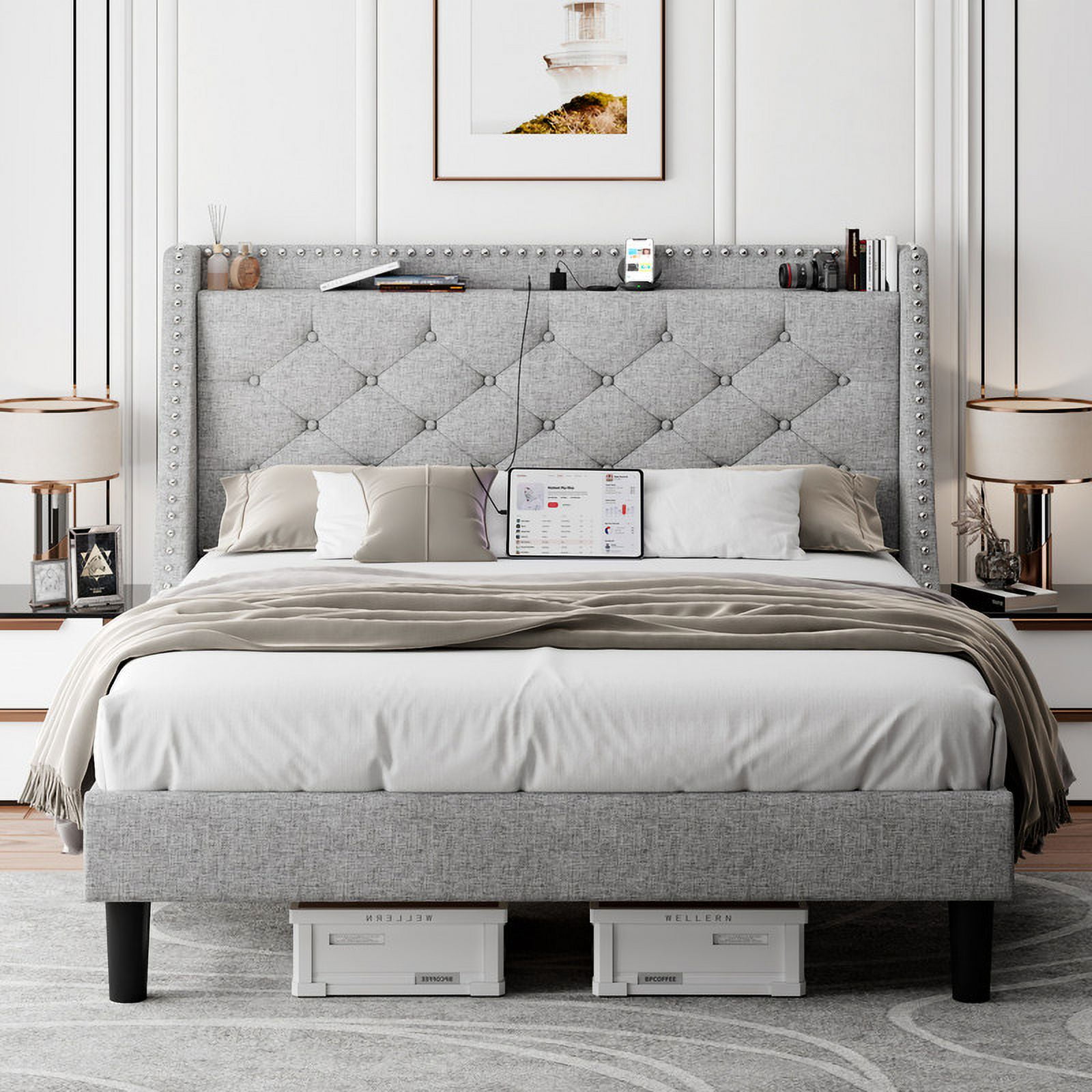 iPormis Full Bed Frame with Upholstered Wingback Button Tufted Storage Headboard, Luxurious Platform Bed with Charging Station, Sturdy Wooden Slats Support,No Box Spring Needed, Light Gray