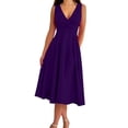 thumbnail image 2 of Miluxas Women's Cocktail Party Evening Dress Wrap V Neck Sleeveless Midi Dress Ruched High Waist A Line Solid Color Swing Dress Wedding Guest Gown Purple, 2 of 5