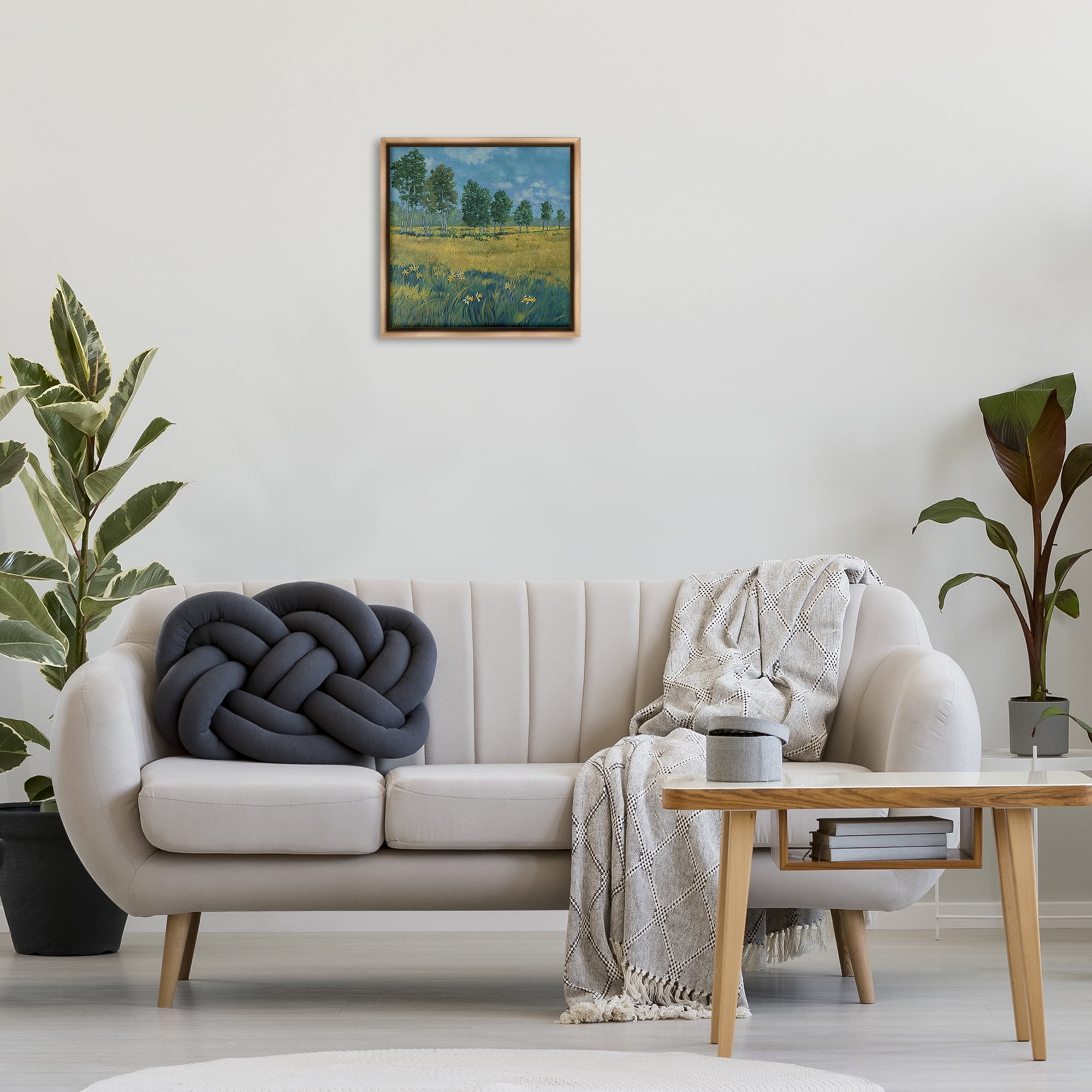 Stupell Industries Daffodil Field Landscape Landscape & Nature Painting Brown Floater Framed Canvas Art Print Wall Art, 18 x 18