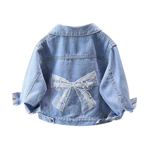 Bow jean Jacket for Girls Toddler Kids Lace Cute Denim Outwear Retro School Lightweight Buttons Long Sleeve Pocket Coat