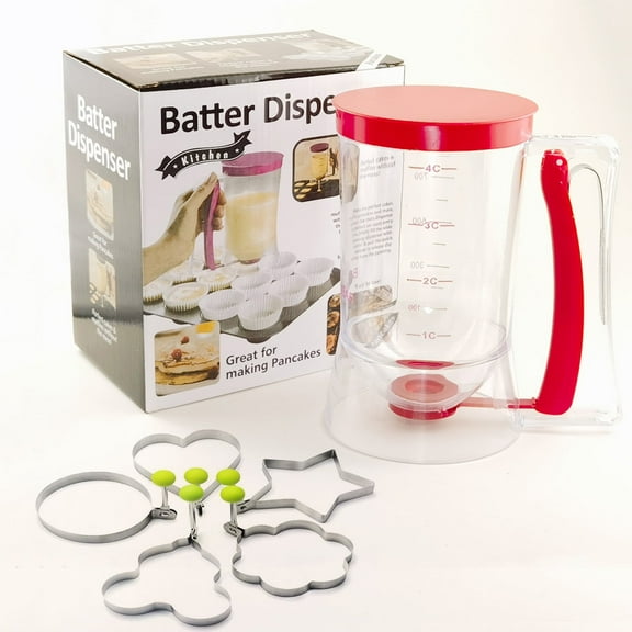 Pancake Batter Dispenser with 5 Baking Molds - 4-Cup Squeeze Handle Dispenser for Pancakes, Waffles, Muffins, Crepes & Cupcakes