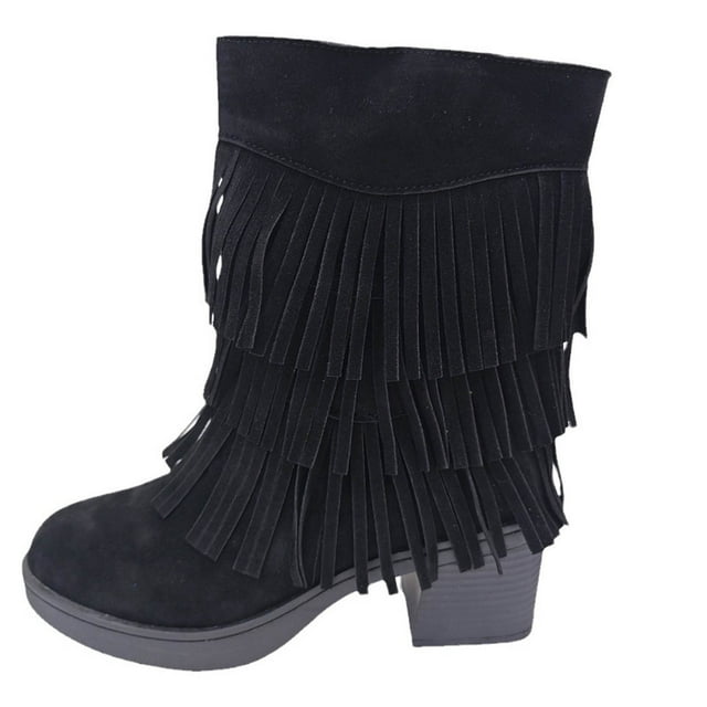 Bottes pour Femmes - Chaudes d'Hiver à Franges en Suède avec Talon Épais - Loisirs, Extérieur
