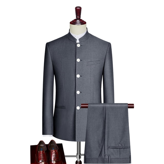 Traje con cuello levantado y botones blancos, traje de dos piezas para hombre (chaquetaquetaqueta + pantalones), trajes Zhongshan de estilo chino para hombre, azul, gris, negro 4XL