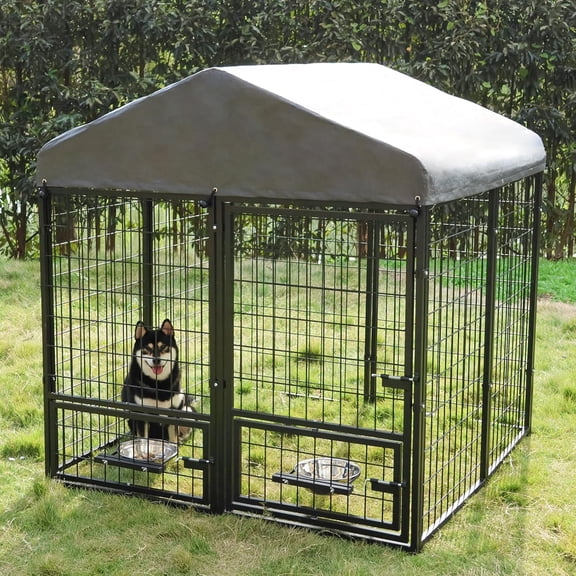 Dog Kennel Outdoor 4.5 x4.5 x4.9 ft with Roof and Rotating Bowl Holders, Large Metal Dog Enclosure, Heavy Duty Dog House Built with Robust 4mm Diameter Wire (4.5'L x 4.5'W x 4.9'H)