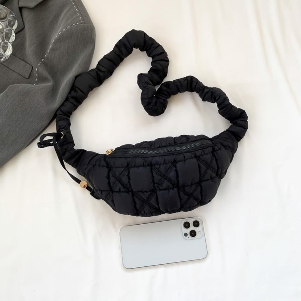 CAILDANL Quilted Crossbody Sling Bag Puffer Crossbody Fanny Pack Waist Bag Nylon Puffy Shoulder Bag Quilted Padding Crossbody Purse for Women