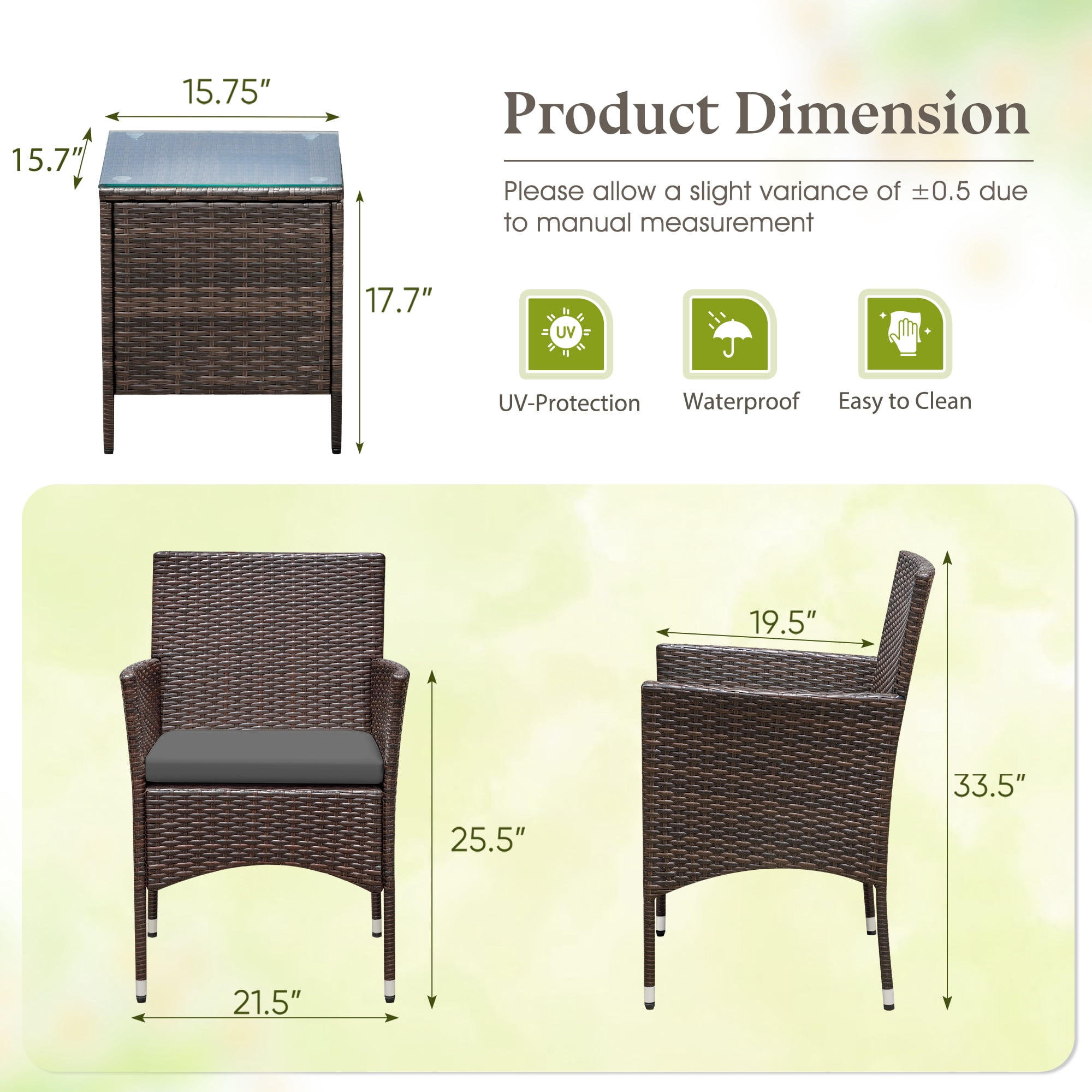 Lacoo 3 Pieces Outdoor Patio Furniture Gray PE Rattan Wicker Table and Chairs Sets Bar Set with Cushioned Tempered Glass , Brown / Gray