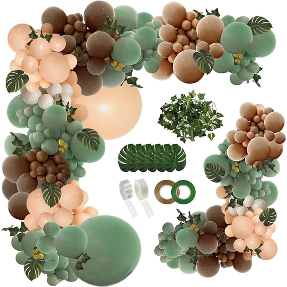 Qenwkxz 142pcs Green Brown Balloon Garland Arch Kit Jungle Wild Woodland Balloon Arch Olive Green Gold Coffee Cocoa for Birthday Wedding Shower Party Decorations 5.91in 78.74in