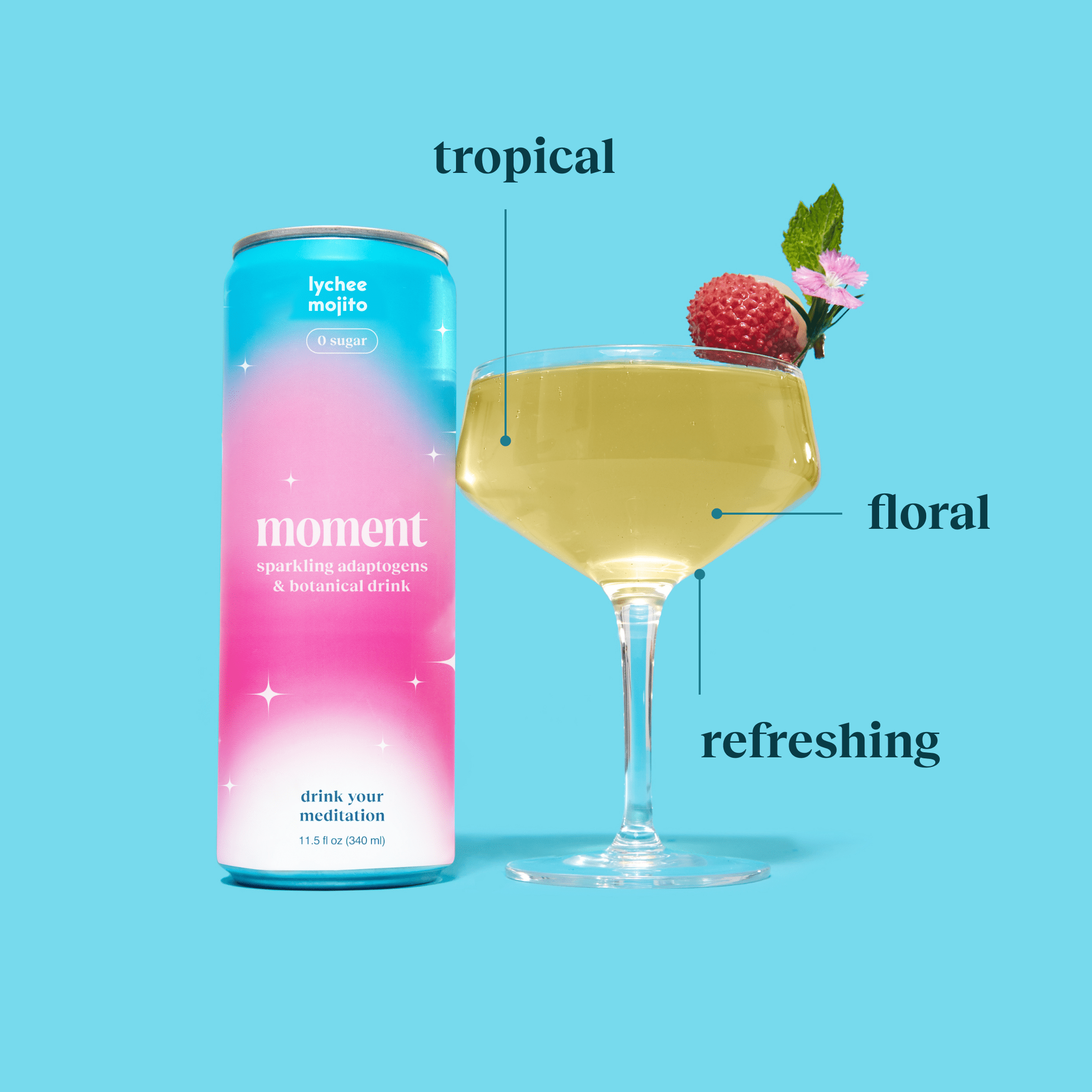 Moment Mocktails Non Alcoholic Drinks (Shark Tank) | SPARKLING Lychee Mojito Adaptogen Drink | L-Theanine & Ashwagandha for Calm & Clarity | 0 Added Sugar 0 Caffeine | 12-pack