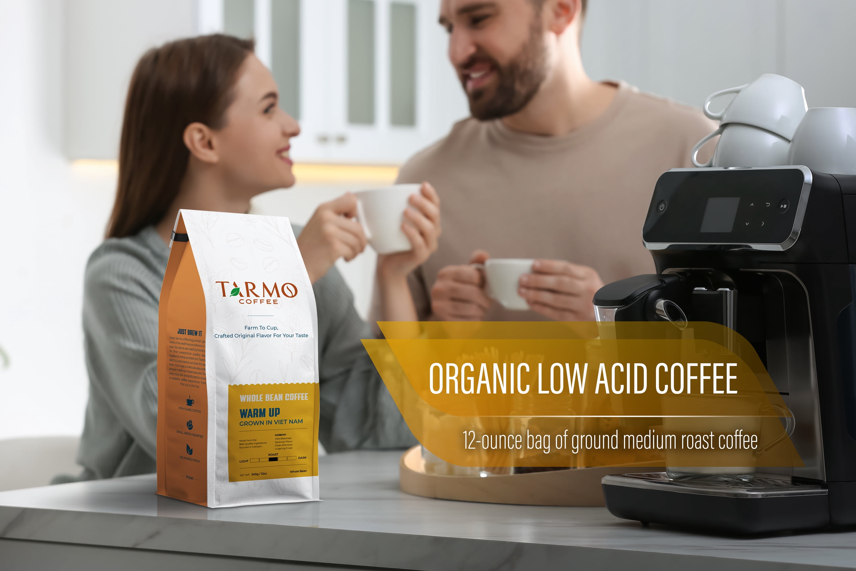 TARMO - WARM UP | Low Acid 100% ROBUSTA Whole Bean Coffee | Specialty Vietnamese Coffee | Single Origin Medium Roast Coffee Beans | 35.5 Oz Bag