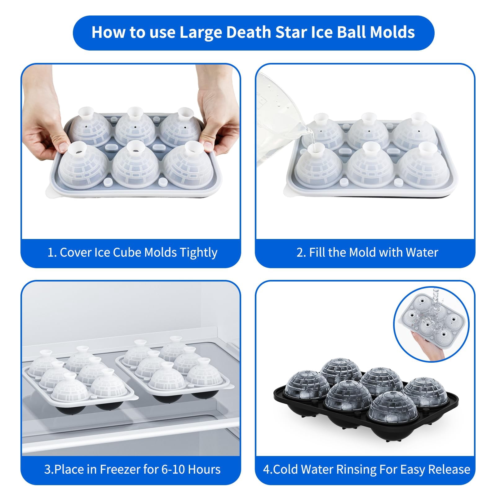 6 Chamber 2.34" 3d Death Star Ball Ice Cube Tray With Funnel Large Round Molds Silicone Fun Shapes Circle For Chilling Brandy And Beverages