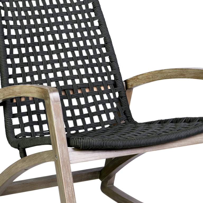 Armen Living Sequoia Outdoor Patio Rocking Chair in Light Eucalyptus Wood and Charoal Rope