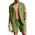 thumbnail image 1 of Mytrendy Men Linen 2 Piece Sets Solid Button Up Lapel Neck Shirts With Drawstring Shorts, 1 of 4