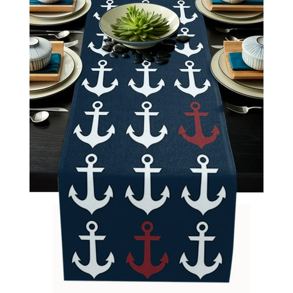 Table Runner Nautical Theme Anchor Table Decoration for Kitchen Dinning Navy Red Table Decoration for Indoor Outdoor Party Wedding Decor 13x72inch