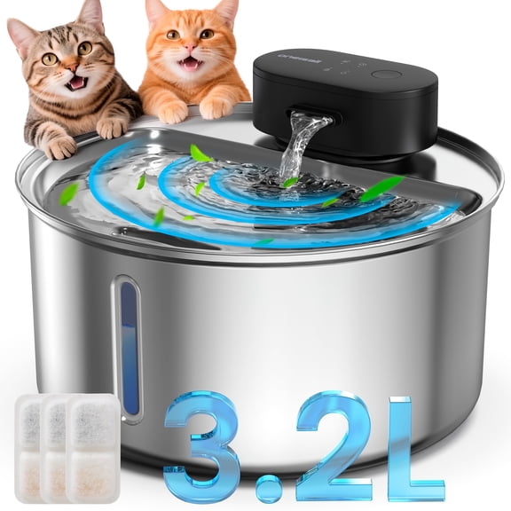 Oneisall CW-05 Stainless Steel Cat Water Fountain Wireless, 3.2L/108oz Low Noise Automatic Water Dispenser for Cats, Triple Filter Cat Fountains for Drinking - Silver