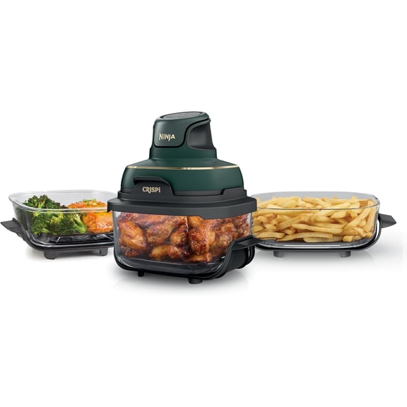 Ninja Crispi 5-in-1 Portable Glass Air Fryer Cooking System FN103BF, British Racing Green with Soft Gold Trim, 1500W, New