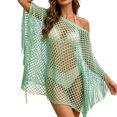 thumbnail image 2 of Crochet Cover Ups for Women Beach Hollow Out Swim Cover Up Scolid Color Knit Fringed Edges Summer Outfits(Mint Green), 2 of 5