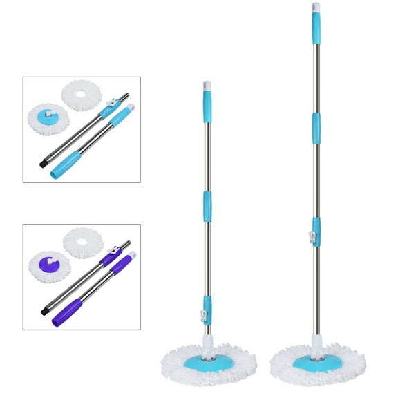 Spinning Mop Pole Handle Replacement 360° Rotating Cleaning Tool with 2 Mop Heads,Suit for Press-Type Buckets
